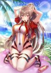  1girl adjusting_hair alternate_costume arms_behind_head azur_lane beach breasts brown_hair competition_swimsuit cosplay fate/grand_order fate_(series) hair_between_eyes hair_tie_in_mouth hands_in_hair highleg highleg_swimsuit highres impossible_clothes impossible_swimsuit jacket large_breasts light_blush long_hair looking_at_viewer mouth_hold multicolored multicolored_clothes multicolored_swimsuit one-piece_swimsuit palm_leaf ponytail red_jacket red_swimsuit ribbon ribbon_in_mouth sand short_sleeves skindentation solo suzumia_(daydream) swiftsure_(azur_lane) swimsuit swimwear thigh_strap tomoe_(symbol) tomoe_gozen_(fate/grand_order) tomoe_gozen_(swimsuit_saber)_(fate) tomoe_gozen_(swimsuit_saber)_(fate)_(cosplay) two-tone_swimsuit tying_hair very_long_hair water watermark white_swimsuit 