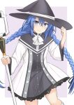  1girl akahi242 black_headwear blue_eyes blue_hair braid commentary cowboy_shot hair_between_eyes hat holding holding_staff kneehighs long_hair looking_at_viewer mushoku_tensei roxy_migurdia solo staff twin_braids very_long_hair witch_hat 