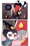  4_eyes anthro avian beak bird blitzo_(vivzmind) clothed clothing comic_page demon duo english_text hand_on_hand helluva_boss hi_res imp male male/male multi_eye owl red_eyes speech_bubble stolas_(vivzmind) text white_face 