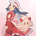  1girl :d alcremie alcremie_(strawberry_sweet) blush commentary_request dawn_(pokemon) dress eyelashes floating_hair gen_8_pokemon grey_eyes grey_hair grey_headwear hat long_hair looking_at_viewer looking_back mittens open_mouth pokemon pokemon_(creature) pokemon_(game) pokemon_masters_ex rata_(m40929) red_dress red_mittens smile teeth tongue 