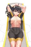  1girl araragi_karen areola_slip areolae arms_up bike_shorts black_hair breasts commentary earrings english_commentary hex_grid jewelry large_breasts long_hair looking_at_viewer lying monogatari_(series) on_back side_ponytail solo unzipped wide_hips zefrableu 