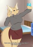  aggressive_retsuko anthro bedroom_setting canid canine cellphone female fennec fenneko fox hi_res jorge-the-wolfdog mammal peace_signs phone sanrio selfie smile solo text 