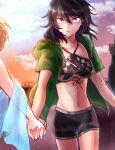  2girls andou_(girls_und_panzer) bangs bikini bikini_shorts black_bikini black_hair blonde_hair brown_eyes checkered checkered_bikini cloud cloudy_sky commentary_request dark_skin dark_skinned_female drawstring girls_und_panzer gradient_sky green_jacket highres holding_hands hood hoodie interlocked_fingers jacket light_smile looking_at_viewer medium_hair messy_hair mimoe multiple_girls navel open_clothes open_jacket orange_sky oshida_(girls_und_panzer) out_of_frame outdoors parted_lips pov short_sleeves shorts sky standing sunset swimsuit yuri 