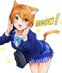  1girl animal_ear_fluff animal_ears bag blazer blue_neckwear blue_skirt bow bowtie cat_ears cat_tail commentary_request eyebrows_visible_through_hair hair_between_eyes highres hoshizora_rin jacket kemonomimi_mode looking_at_viewer love_live! love_live!_school_idol_project nakano_maru open_mouth orange_hair paw_background plaid plaid_skirt school_uniform shirt short_hair simple_background skirt solo striped striped_neckwear tail white_background white_shirt yellow_eyes 