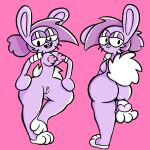  1:1 anthro big_butt big_tail breasts bunny_enid butt cartoon_network digital_media_(artwork) enid_(ok_k.o.!_lbh) female fur genitals hair half-closed_eyes hi_res lagomorph leporid looking_back mammal narrowed_eyes nipples nude ok_k.o.!_let&#039;s_be_heroes pawpads pink_background purple_body purple_fur purple_hair pussy rabbit simple_background smile solo teeth thick_thighs under_boob were whiskers wide_hips zdarc 