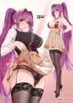  alternate_hairstyle black_panties breasts buttons cleavage fate/grand_order fate_(series) garter_straps high_heels highres large_breasts lifted_by_self long_hair long_sleeves looking_at_viewer multiple_views office_lady open_mouth panties pleated_skirt ponytail purple_hair red_eyes scathach_(fate)_(all) scathach_(fate/grand_order) shirt_lift skirt skirt_lift thighhighs toyoman underwear very_long_hair 