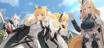  4girls absurdres animal_ears arknights aunt_and_niece bangs blemishine_(arknights) blonde_hair blue_eyes brown_eyes closed_mouth day eyebrows_visible_through_hair hair_ornament headphones highres holding holding_sword holding_weapon lan_zhu_gu long_hair looking_at_viewer looking_away multiple_girls nearl_(arknights) outdoors platinum_(arknights) siblings sisters sky sword thick_eyebrows weapon whislash_(arknights) white_hair 