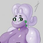  1:1 absurd_res antennae_(anatomy) anthro big_breasts bodily_fluids breasts digital_media_(artwork) dragon eye_moisturizer eyebrows eyelashes female freckles goodra green_eyes heidi_(eye_moisturizer) hi_res looking_at_viewer nintendo nipples nude overweight overweight_anthro pok&eacute;mon pok&eacute;mon_(species) simple_background slime smile solo thick_eyebrows thick_eyelashes video_games 