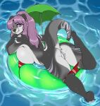  4_toes anthro big_breasts bikini breasts butt clothing digital_media_(artwork) feet female fingers fur genitals grey_body grey_fur hair hi_res inflatable inner_tube long_hair looking_back lutrine lying mammal multicolored_body multicolored_fur mustelid niis one_eye_obstructed open_mouth outside pool_toy purple_eyes purple_hair pussy raised_leg raised_tail smile soles solo swimwear toes umbrella water wet 