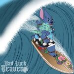  1:1 2021 3_toes 4_arms 4_fingers alien aloha_shirt anthro badluckbeaver better_version_at_source blue_body blue_fur blue_nose bottomwear clothing disney experiment_(lilo_and_stitch) feet fingers fur hi_res lilo_and_stitch male multi_arm multi_limb open_mouth open_smile pattern_clothing pattern_shirt pattern_topwear sea shirt shorts slightly_chubby smile solo stitch_(lilo_and_stitch) surfboard surfing swimming_trunks swimwear toes topwear vehicle water watercraft wave 