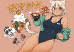  1girl :t animal_ear_fluff animal_ears bangs black_eyes black_swimsuit blonde_hair bowl breasts chinese_zodiac chopsticks cleavage cow eating eyebrows_visible_through_hair food fruit green_jacket holding holding_bowl holding_chopsticks jacket kr_ohoshisama large_breasts mochi new_year off_shoulder one-piece_swimsuit orange orange_background original short_hair simple_background solo spinning_top swimsuit tail year_of_the_ox 