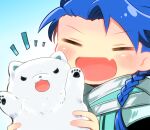  1boy ^_^ animal blue_background blue_hair braid chibi closed_eyes cu_chulainn_(fate)_(all) dog fang fate/grand_order fate/grand_order_arcade fate_(series) gradient gradient_background holding holding_animal karakuchi_muusu male_focus medium_hair open_mouth setanta_(fate) simple_background single_braid skin_fang smile 