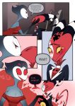  4_eyes anthro avian beak bird blitzo_(vivzmind) clothed clothing comic_page demon dialogue duo helluva_boss hi_res imp kissing male male/male multi_eye owl red_eyes speech_bubble stolas_(vivzmind) text white_face 