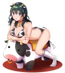  1girl absurdres animal_print ass bell bikini blue_eyes breasts byleth_(fire_emblem) byleth_(fire_emblem)_(female) chinese_zodiac chizoku_sawa cleavage cow_horns cow_print fake_horns fire_emblem fire_emblem:_three_houses green_hair hair_strand highres horns large_breasts long_hair looking_at_viewer messy_hair socks solo swimsuit white_legwear year_of_the_ox 
