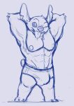  2021 abs alien anthro blue_theme bulge clothing disney experiment_(lilo_and_stitch) flexing hands_behind_head hi_res korakiart lilo_and_stitch male muscular muscular_anthro muscular_male nipples notched_ear open_mouth open_smile pecs short short_stack sketch small_tail smile solo standing stitch_(lilo_and_stitch) swimming_trunks swimwear tongue tongue_out 