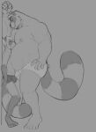  2021 anthro bulge butt clothing duo horrorbuns humanoid_hands male male/male mammal monochrome musclegut overweight overweight_male procyonid raccoon simple_background underwear 