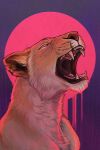  abstract_background blood_moon bust_portrait demiure fangs felid female feral halo hi_res light lighting lion mammal notched_ear open_mouth pantherine portrait purple_background roaring simple_background solo 