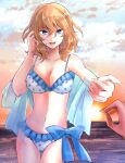  2girls andou_(girls_und_panzer) bangs bikini blonde_hair blue_eyes blue_sky breasts cleavage cloud cloudy_sky commentary_request dark_skin dark_skinned_female frilled_bikini frills girls_und_panzer gradient_sky hand_in_hair highres horizon large_breasts looking_at_viewer medium_hair messy_hair mimoe multiple_girls navel ocean open_mouth orange_sky oshida_(girls_und_panzer) out_of_frame outdoors outstretched_hand pov print_bikini shawl sky smile standing sun sunset swimsuit thigh_gap white_bikini 