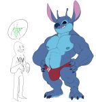  2021 3_toes abs absurd_res alien anon antennae_(anatomy) anthro anthrofied blue_body blue_claws blue_fur blue_nose bristol bulge claws clothing disney duo experiment_(lilo_and_stitch) feet fur hands_on_hips hi_res lilo_and_stitch male muscular muscular_anthro muscular_male nipples pecs speedo stitch_(lilo_and_stitch) swimwear toes 