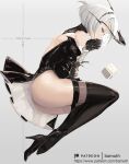  1girl alternate_costume ass bamuth bangs black_dress black_gloves blindfold boots character_name closed_eyes dress eyelashes gloves high_heel_boots high_heels highres lying mole mole_under_mouth nier_(series) nier_automata on_side patreon_username short_hair sleeping sleeveless sleeveless_dress solo thigh_boots thighhighs watermark white_hair yorha_no._2_type_b 