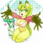  angry anthro big_breasts breasts cat_pepper clothed clothing duo felid feline female fur green_body green_fur green_hair hair hi_res highleg_panties inner_ear_fluff kimidori_(nakagami_takashi) long_hair mammal midori_(nakagami_takashi) open_mouth simple_background small_breasts thick_thighs tuft yellow_body yellow_fur 