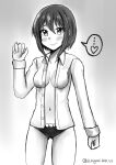  absurdres arm_up artist_name bangs black_panties blush breasts cleavage clenched_hands collarbone commentary cowboy_shot dress_shirt greyscale hair_between_eyes heart highres medium_breasts midriff monochrome navel no_pants open_clothes open_shirt panties raised_eyebrows shirt short_hair simple_background smile spoken_heart standing tomboy twitter_username u_higami unbuttoned unbuttoned_shirt underwear white_background yoshino_sawa_(hitoiki) 