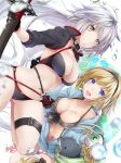  2girls akatsuki_hijiri bag bangs bikini black_bikini black_jacket blonde_hair blue_eyes braid braided_ponytail breasts cleavage collarbone commentary_request fate/grand_order fate_(series) hairband hood hoodie jacket jeanne_d&#039;arc_(alter_swimsuit_berserker) jeanne_d&#039;arc_(fate)_(all) jeanne_d&#039;arc_(swimsuit_archer) katana large_breasts long_hair multiple_girls navel open_mouth puckered_lips stuffed_animal stuffed_dolphin stuffed_toy swimsuit sword weapon white_hair yellow_eyes 