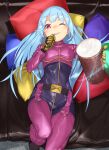  1girl ;d absurdres akisa_(12023648) bangs belt blue_hair bodysuit breasts couch cushion eyebrows_visible_through_hair food gloves highres holding holding_food ice_cream ice_cream_tub kula_diamond long_hair long_sleeves looking_at_viewer on_couch one_eye_closed open_mouth reclining red_eyes smile solo straight_hair the_king_of_fighters 