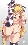  1girl animal_print armpits arms_up bangs bell bikini blonde_hair blue_eyes blush bowsette breasts cow_print cowbell ear_tag elbow_gloves fingerless_gloves gloves grin highres holding_legs horns huge_breasts konno_tohiro leg_lift leg_up long_hair looking_at_viewer mario_(series) micro_bikini navel new_super_mario_bros._u_deluxe pointy_ears sharp_teeth simple_background smile solo split spread_legs standing standing_on_one_leg standing_split super_crown swimsuit tail teeth thighhighs 