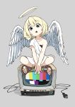  1girl :o absurdres angel angel_wings bangs black_bra blonde_hair blue_eyes boxcutter bra breasts brown_footwear cable cleavage collarbone commentary crt dress electric_plug eyebrows feathered_wings full_body grey_background halo highres holding holding_boxcutter indian_style looking_at_viewer nakamori_kemuri open_mouth original sandals short_dress short_hair short_sleeves simple_background single_bare_shoulder sitting sitting_on_object solo strapless strapless_bra television test_card underwear white_dress white_wings wings 