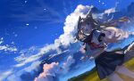  1girl ;d ahoge animal_ears axleaki bangs blouse blue_eyes blue_skirt blue_sky brown_hair cloud dot_nose dutch_angle eyebrows_visible_through_hair floating_hair highres horizon landscape long_hair midriff_peek navel neckerchief one_eye_closed open_mouth original outdoors outstretched_arms red_neckwear scenery school_uniform serafuku short_sleeves skirt sky smile solo white_blouse 