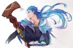  1boy blue_hair bracelet capelet closed_mouth cu_chulainn_(fate)_(all) cu_chulainn_(fate/grand_order) earrings elbow_gloves fate/grand_order fate_(series) fingerless_gloves floating_hair fur-trimmed_hood fur_trim gloves highres holding holding_staff hood hood_down hooded_capelet iash jewelry long_hair looking_to_the_side male_focus multiple_piercings red_eyes simple_background smile solo spiked_hair staff type-moon vambraces wooden_staff 