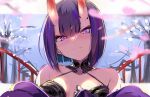  1girl bare_shoulders bob_cut breasts closed_mouth eyebrows_visible_through_hair fate/grand_order fate_(series) highres horns looking_at_viewer oni oni_horns outdoors petals purple_eyes purple_hair shuten_douji_(fate/grand_order) sketch small_breasts smile snow solo spider_apple upper_body 