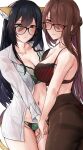 2girls animal_ears black_hair blush bra breast_press brown_hair cat_ears cat_tail dress_shirt ginga_elyka glasses green_eyes hand_on_another&#039;s_thigh highres lace lace_bra light_smile long_hair mole mole_under_mouth multiple_girls navel open_clothes open_shirt original panties panties_under_pantyhose pantyhose red_eyes see-through_shirt shirt striped striped_bra sweat symmetrical_docking tail thighband_pantyhose underwear 