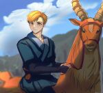  1boy alphonse_elric animal ashitaka ashitaka_(cosplay) backlighting bag belt_pouch blonde_hair blue_sky blurry blurry_background closed_mouth cloud cloudy_sky collarbone commentary_request cosplay crossover day elk eyebrows_visible_through_hair facing_viewer fullmetal_alchemist happy highres holding holding_reins horns japanese_clothes kariginu korean_commentary looking_afar male_focus mononoke_hime mountain nagatekkou nana_(n_anaa_) nature outdoors pouch reins riding shaded_face shiny shiny_hair sky smile sunlight tareme yakuru yellow_eyes 