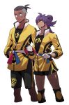  2boys alternate_costume black_hair black_shirt closed_mouth commentary dark_skin dark_skinned_male earrings facial_hair gloves height_difference highres jacket jewelry knee_pads leon_(pokemon) long_hair male_focus master_dojo_uniform multiple_boys pokemon pokemon_(game) pokemon_swsh purple_hair raihan_(pokemon) redlhzz sash shirt shorts side_slit side_slit_shorts smile white_gloves yellow_eyes yellow_jacket zipper_pull_tab 