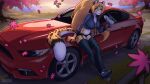  16:9 ailaanne anthro blue_eyes car cheetah clothed clothing countershading detailed_background felid feline female ford ford_mustang hi_res mammal prosthetic prosthetic_limb solo spots spotted_body sydea vehicle widescreen 