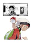  1boy 1girl backpack bag beanie bike_shorts blush_stickers bow_hairband brendan_(pokemon) brown_hair clenched_hand closed_mouth ege_(597100016) fanny_pack gardevoir gen_3_pokemon green_bag grey_eyes hairband hat heart holding holding_poke_ball looking_to_the_side may_(pokemon) motion_lines o3o partially_colored poke_ball poke_ball_(basic) pokemon pokemon_(creature) pokemon_(game) pokemon_oras poster_(object) shirt shoes short_sleeves shorts sleeveless sleeveless_shirt smile standing walk-in white_headwear 