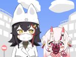  2girls animal_ears bell black_hair city double_bun hair_bell hair_ornament hat hololive horn_warmers horns kani_bonara mask mouth_mask multiple_girls nakiri_ayame oni_horns oni_mask ookami_mio red_eyes road_sign sign stop_sign surgical_mask virtual_youtuber white_hair yellow_eyes you&#039;re_doing_it_wrong 