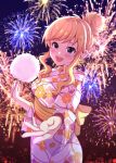  1girl :d absurdres aerial_fireworks bangs blonde_hair blue_eyes blush commentary_request eyebrows_visible_through_hair fireworks floral_print highres holding idolmaster idolmaster_cinderella_girls idolmaster_cinderella_girls_starlight_stage japanese_clothes kimono looking_at_viewer namidako night obi ootsuki_yui open_mouth outdoors outstretched_hand sash sidelocks smile solo yukata 