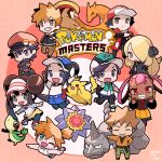  4boys 6+girls :d ;d bangs bare_arms baseball_cap belt bettie_(pokemon) black_coat black_hair black_jacket black_legwear blonde_hair blue_oak blue_shorts blunt_bangs brock_(pokemon) brown_eyes brown_hair brown_pants charizard closed_mouth coat commentary_request coogee copyright_name crossed_arms cynthia_(pokemon) dark_skin dark_skinned_female earrings eyelashes fur-trimmed_coat fur_trim gen_1_pokemon gen_5_pokemon green_eyes green_pants grey_eyes hair_ornament hair_over_one_eye hair_rings hair_tie hands_up hat highres holding holding_poke_ball jacket jewelry looking_at_viewer misty_(pokemon) multiple_boys multiple_girls one_eye_closed onix open_clothes open_coat open_mouth orange_hair orange_skirt outstretched_arms pants pantyhose pidgeot pikachu pink_hair poke_ball poke_ball_(basic) pokemon pokemon_(creature) pokemon_(game) pokemon_bw2 pokemon_dppt pokemon_hgss pokemon_lgpe pokemon_masters_ex pokemon_ranger_(pokemon) punk_girl_(pokemon) red_(pokemon) red_coat red_eyes red_headwear rosa_(pokemon) scottie_(pokemon) sharp_teeth shoes short_hair shorts skirt smile sneakers snivy spiked_hair starmie starter_pokemon swept_bangs teeth tied_hair yellow_shorts 