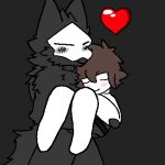  &lt;3 1:1 ambiguous_gender anthro bent_legs black_background black_body black_fur blush bottomwear brown_hair canid canine canis changed_(video_game) clothing duo eyes_closed fur hair hand_on_arms hand_on_butt holding_character hug human lin_(changed) low_res male male/ambiguous mammal nathanraz open_mouth puro_(changed) shorts simple_background smile white_body white_skin wolf 