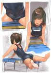  1girl bare_arms bare_legs barefoot black_swimsuit blush brown_hair closed_eyes crotch_rub eyebrows_visible_through_hair hair_between_eyes i-401_(kantai_collection) kantai_collection long_hair masturbation motion_lines multiple_views name_tag one-piece_swimsuit open_mouth ponytail school_swimsuit shiden_(sashimi_no_wife) swimsuit tan tanline 