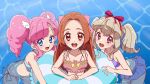  3girls :d aikatsu! aikatsu!_(series) aikatsu_on_parade! amahane_madoka ass asymmetrical_bangs bangs bikini bikini_skirt blue_bikini blue_eyes bow bow_bikini breasts butt_crack cleavage commentary_request eyebrows_visible_through_hair forehead frilled_bikini frills hair_between_eyes hair_bow hair_ribbon happy highres innertube kaoryu-kun kiseki_raki leaning_forward light_brown_hair long_hair looking_at_viewer multicolored multicolored_eyes multiple_girls open_mouth orange_eyes orange_hair otoshiro_noel outdoors parted_bangs partial_commentary partially_submerged pink_bikini pink_bow pink_eyes pink_hair purple_bikini red_ribbon ribbon round_teeth sidelocks sideways_glance smile spaghetti_strap swimsuit swimwear teeth twintails upper_teeth water wing_hair_ornament yellow_bow 