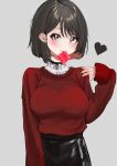  1girl absurdres bangs black_skirt breasts brown_eyes earrings grey_background heart highres jewelry long_sleeves look looking_at_viewer mamu_t7s mouth_hold nail_polish original red_eyes red_nails red_sweater short_hair skirt solo sweater 