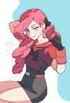  1girl alternate_costume black_gloves cosplay curly_hair gloves hood hood_down long_hair looking_at_viewer nibo_(att_130) pokemon pokemon_(game) pokemon_rse red_eyes red_hair shelly_(pokemon) simple_background smile solo team_aqua team_magma_grunt team_magma_grunt_(cosplay) team_magma_uniform 