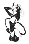  2020 bottomless clothed clothing corset demon female flat_chested garter_straps glistening glistening_clothing glistening_corset glistening_lingerie glistening_topwear humanoid latex_legwear latex_topwear legwear licheart lingerie monochrome raised_clothing raised_topwear rubber rubber_suit sketch solo spade_tail thigh_highs topwear 