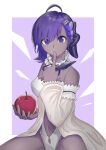  1girl ahoge apple bare_shoulders beige_dress border breasts clothing_cutout detached_collar detached_sleeves fate/grand_order fate/prototype fate/prototype:_fragments_of_blue_and_silver fate_(series) finger_to_mouth flower food fruit hair_flower hair_ornament hassan_of_serenity_(fate) highres holding holding_knife knife looking_at_viewer lostroom_outfit_(fate) medium_breasts natu_zame navel navel_cutout purple_eyes purple_hair short_hair sitting solo throwing_knife weapon white_border 