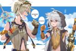  2boys alvarichie bandaid bandaid_on_nose bangs bennett_(genshin_impact) blonde_hair clenched_hand clenched_hands cloud dated day fingerless_gloves genshin_impact gloves goggles goggles_on_head green_eyes grey_hair hair_between_eyes highres holding holding_sword holding_weapon hood hood_up long_hair male_focus mountain multiple_boys orange_gloves outdoors over_shoulder razor_(genshin_impact) red_eyes romaji_text scar scar_on_arm signature sky sleeveless speech_bubble sword weapon weapon_over_shoulder 