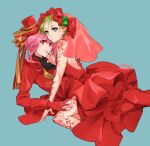  2girls alternate_costume alternate_hairstyle backless_dress backless_outfit blue_background bow dress emerald_(gemstone) formal girl_on_top gloves green_hair hair_behind_ear hair_bow hand_on_another&#039;s_thigh hat henna looking_at_viewer macross macross_delta makina_nakajima multiple_girls ooomi pink_hair pointy_ears red_dress red_eyes red_gloves red_headwear red_suit reina_prowler short_hair suit tied_hair yellow_bow yuri 